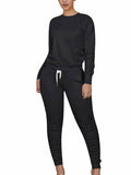 Solid Crew Neck Top Ruched Long Pants Tracksuit
