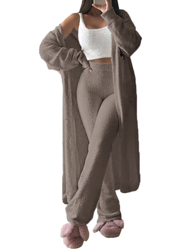 Sexy Fuzzy Crop Top Pants Set Open Front Cardigan Loungewear