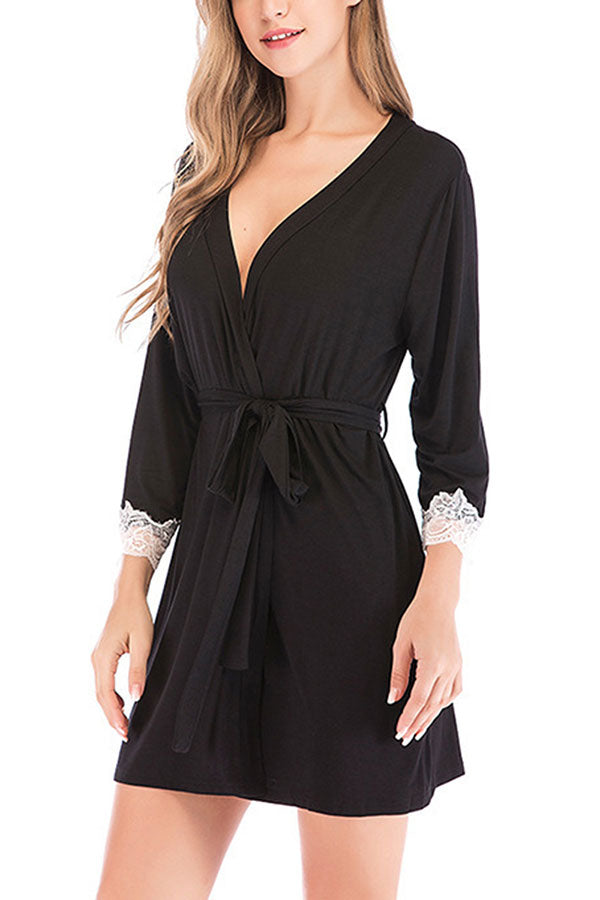 Solid Lace Trim Pocket Short Kimono Robe Nightgown With Tie