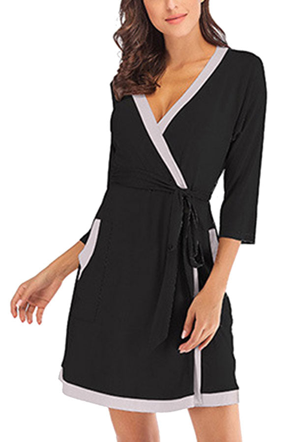 Women's Cut And Sew 3/4 Sleeve Color Block Short Robe Black