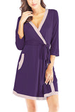 Wrap Color Block Short Kimono Robe Nightgown For Women