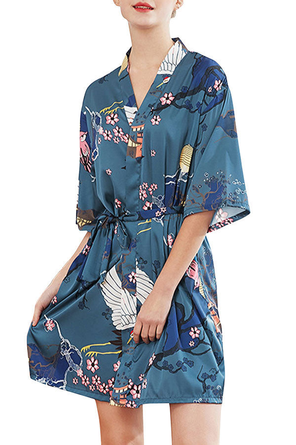 Half Sleeve Floral Print Kimono Bath Robe For Women Blue