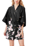 Summer Satin Crane Print Wrap Kimono Robe For Women