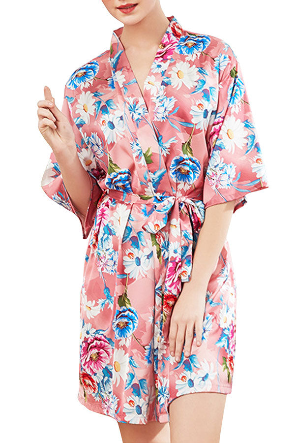 Half Sleeve Self Tie Floral Kimono Robe For Women Baby Pink