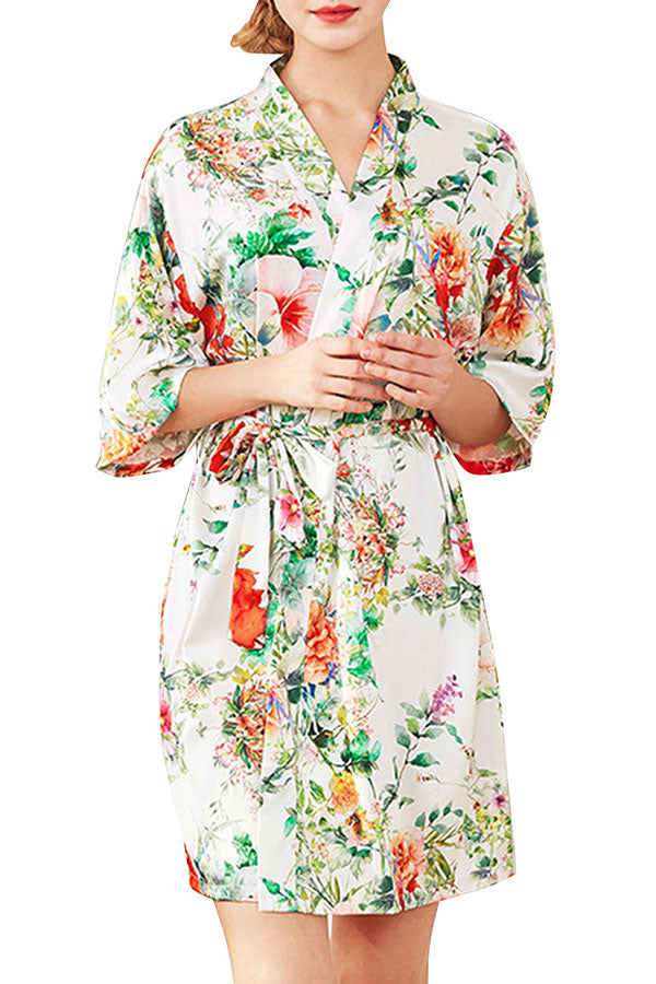 3/4 Sleeve Wrap Floral Print Short Kimono Bath Robe For Summer