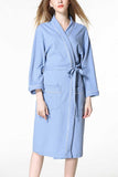 Waffle Pocket Wrap Long Sleeve Spa Robe With Tie Blue