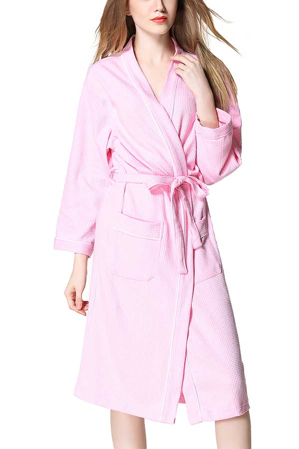 Women's Waffle Pocket Long Sleeve Spa Wrap Bathrobe Pink