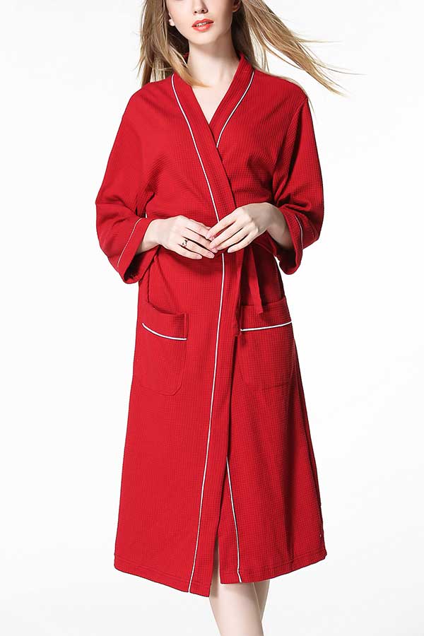 Long Sleeve Waffle Knit Wrap Spa Bath Robe For Women