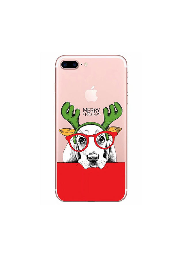 Christmas Cute Dog Print Transparent Case For iPhone Dark Red