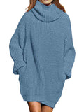 Women's Solid Color Wool Long Pullover Turtleneck Sweater Dress with Side Pockets