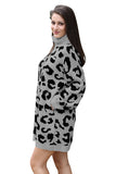 Leopard Print Ribbed Sweater Dress Pocket Gray