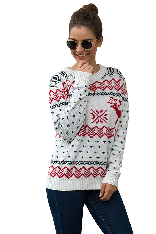 Reindeer Snowflake Pullover Sweater White