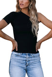 One Shoulder Ribbed Short Sleeve Plain T-Shirt Black