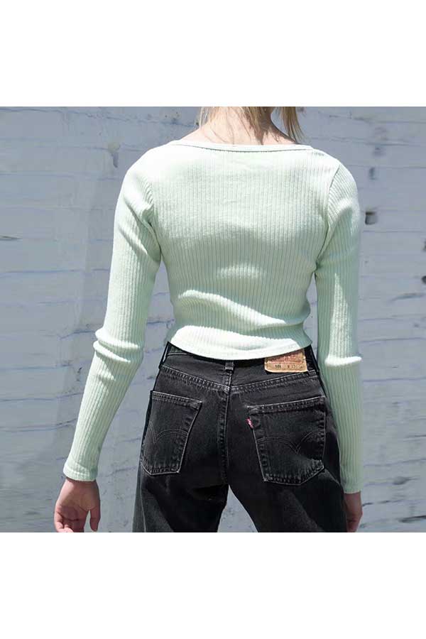 Women's Solid Ribbed Button Long Sleeve Crop Top T-Shirt