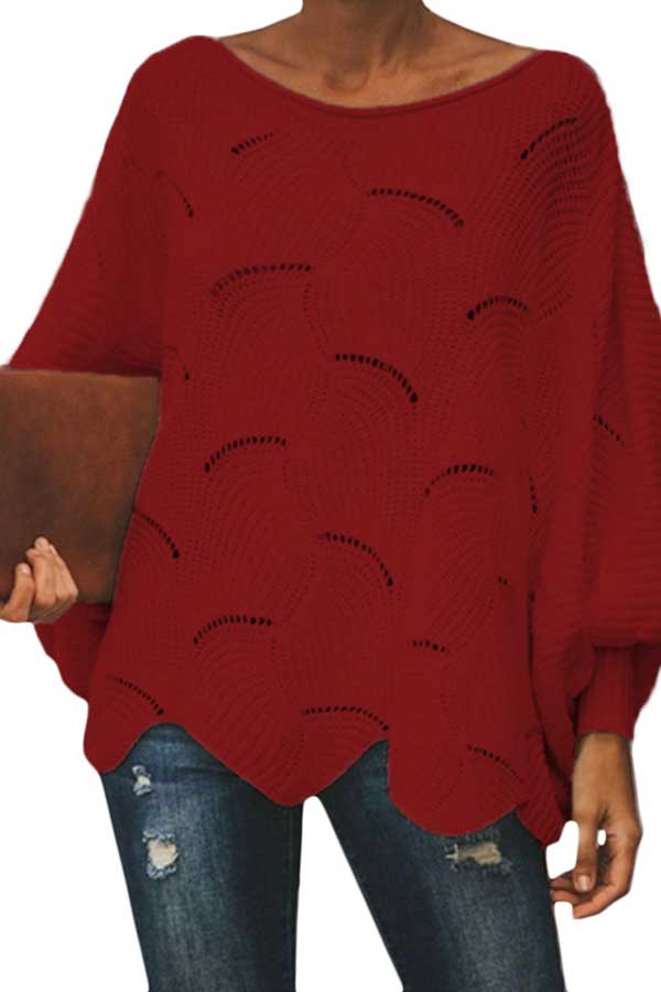 Casual Bishop Sleeve Solid Oversized Sweater Dark Red
