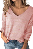 V Neck Long Sleeve Striped Pullover Sweater