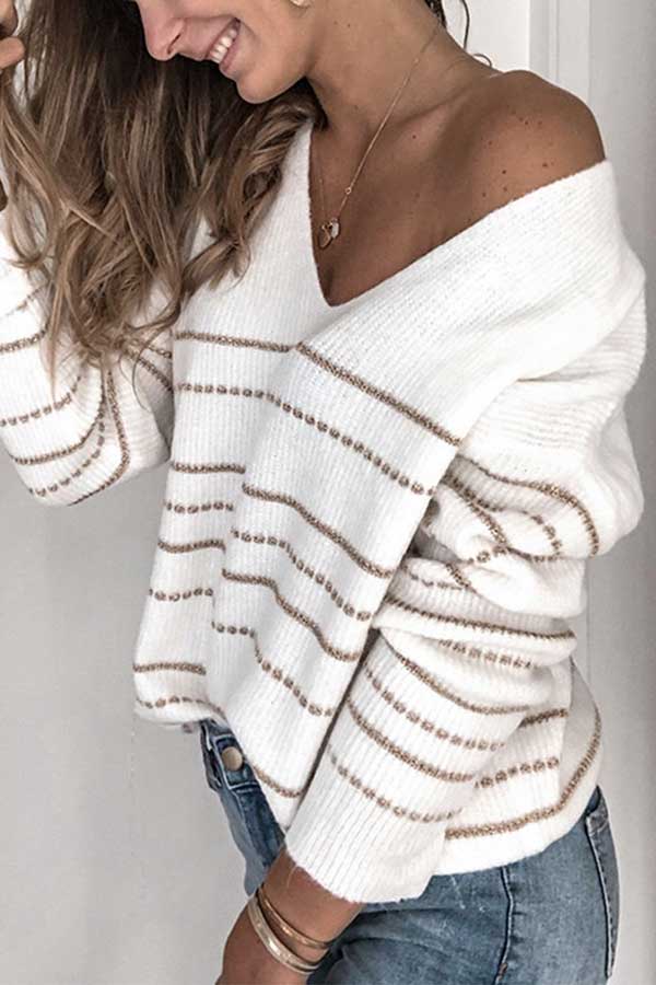 V Neck Striped Pullover Oversized Sweater White
