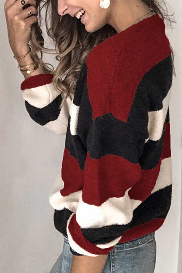Crew Neck Drop Shoulder Striped Knit Sweater Red