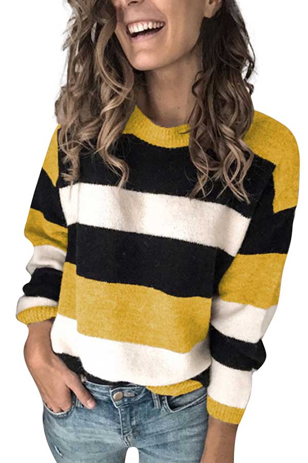 Crew Neck Color Block Striped Knit Sweater Yellow