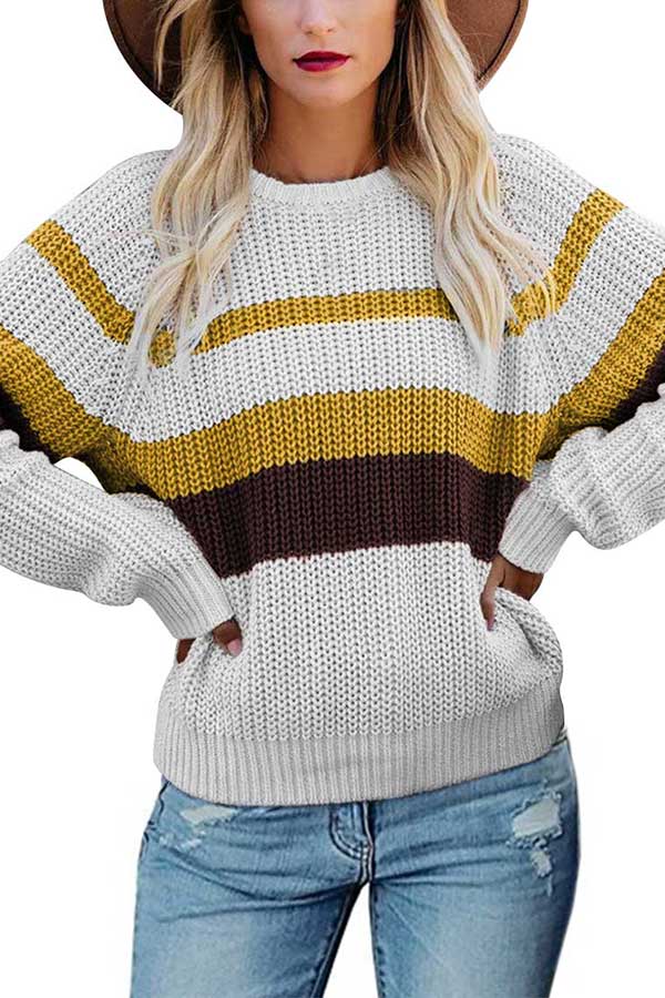 Raglan Sleeve Striped Oversized Cable Sweater White