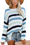 Drop Shoulder Color Block Striped Pullover Knit Sweater Blue