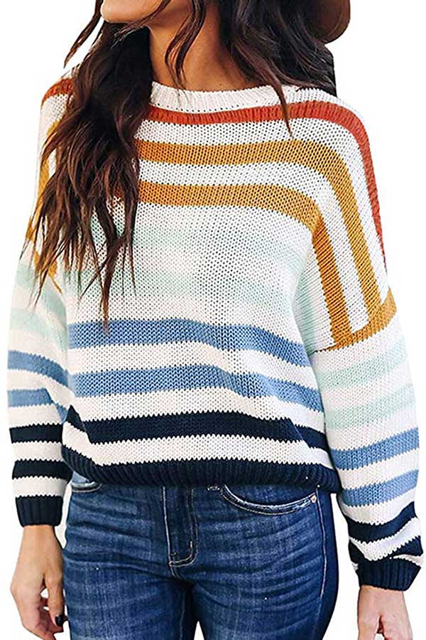 Casual Dropped Sleeve Crew Neck Striped Sweater Navy Blue