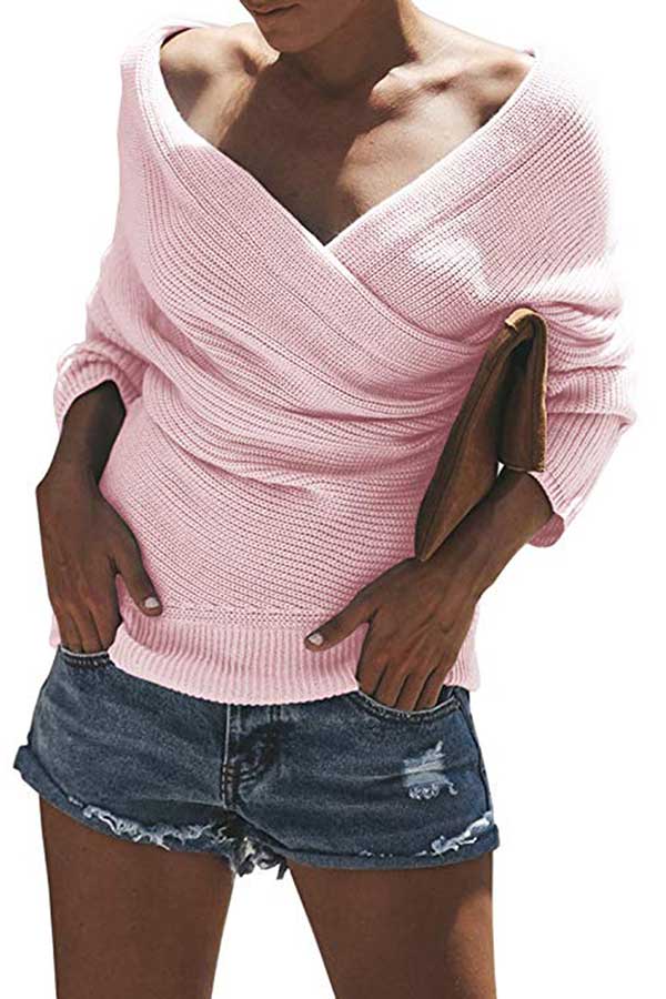 Solid Sexy V Neck Raglan Sleeve Casual Sweater Pink