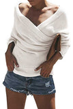 Raglan Sleeve Wrap Neck Plain Casual Sweater White