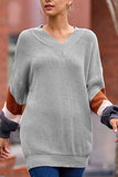 V Neck Drop Lantern Sleeve Color Block Pullover Sweater