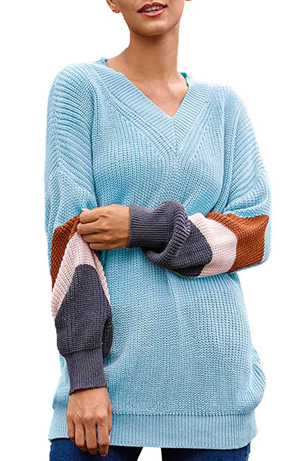 Drop Sleeve Color Block Cable Knit Sweater Light Blue