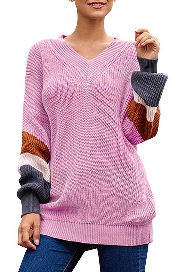 Casual Lantern Sleeve V Neck Cable Knit Sweater Pink