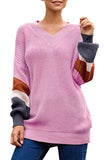 Casual Lantern Sleeve V Neck Cable Knit Sweater Pink