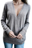 Casual Solid Surplice Neck Long Sleeve Sweater Light Grey