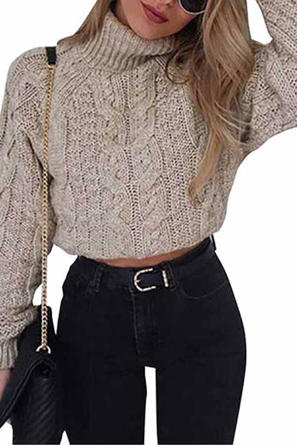 Solid High Neck Cable Knit Casual Sweater Khaki
