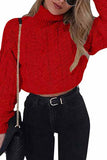 Long Sleeve High Neck Cable Knit Crop Sweater Red