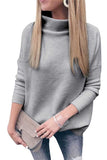 Long Sleeve Knit High Neck Casual Plain Sweater Grey