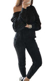 Solid Long Sleeve Pants Plus Size Two Piece Sweater Suit Black