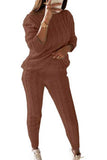 Plus Size Long Sleeve Boat Neck Top Skinny Pants Knit Suit Brown