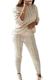 Cable Knit Long Sleeve Pants Plus Size Sweater Suit Beige White