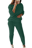 Plus Size Long Sleeve Boat Neck Pants Sweater Suit Dark Green