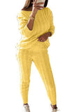 Cable Knit Long Sleeve Pants Plus Size Sweater Suit Yellow