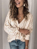 V Neck Solid Crochet Cardigan Sweater With Button Front