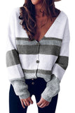 Women Striped Ribbed Cardigan Sweater Gray