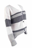 Women Striped Ribbed Cardigan Sweater Gray