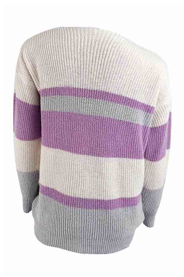 Striped Knit Cardigan Sweater With Button Front Purple