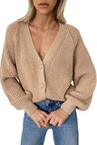 V Neck Button Down Knit Cardigan With Lantern Sleeve