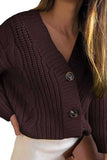 V Neck Drop Shoulder Chunky Cardigan With Button Brown