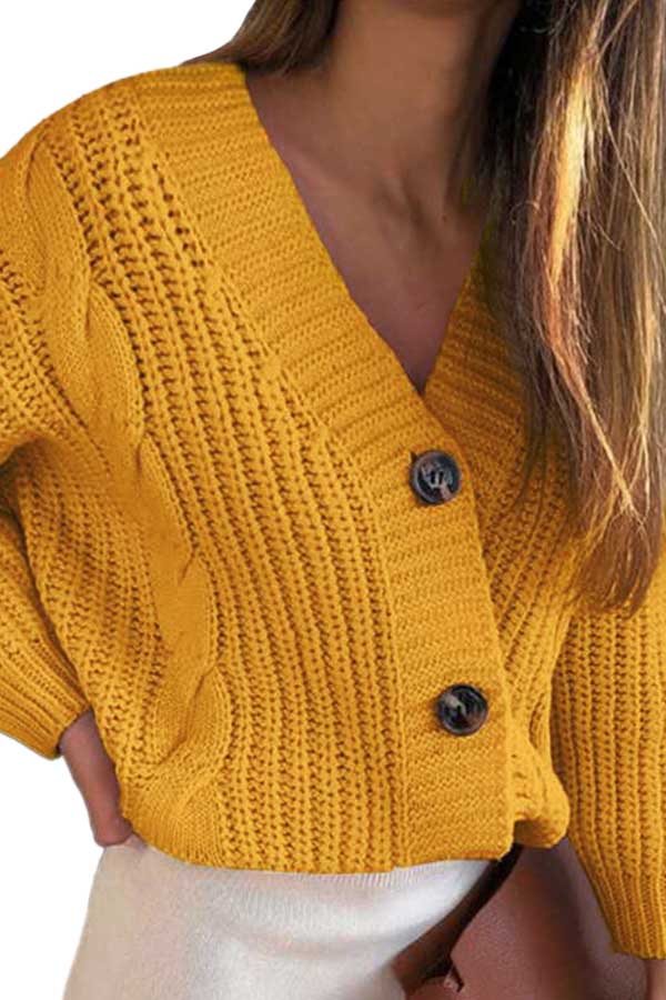 Solid V Neck Button Down Chunky Cardigan Ginger