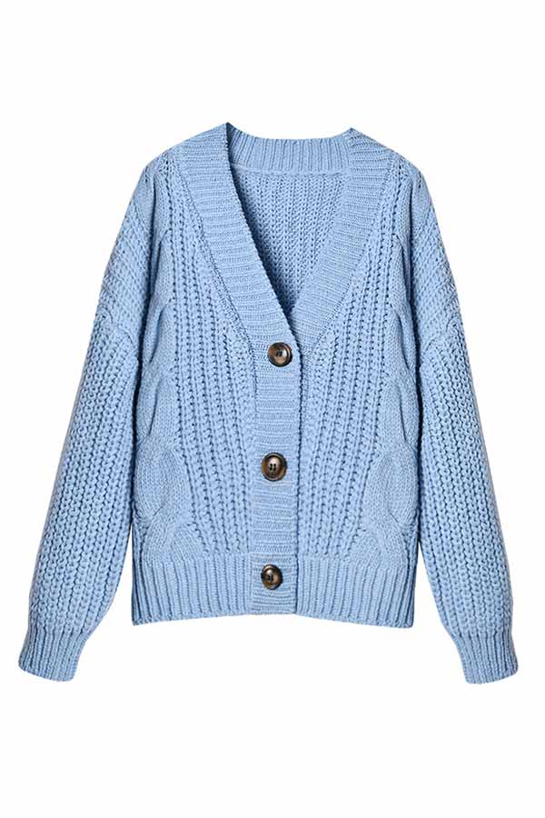 Solid Chunky Oversized Cardigan With Button Light Blue
