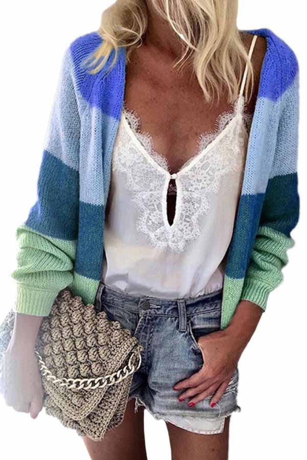 Color Block Striped Open Front Cardigan Sweater Blue